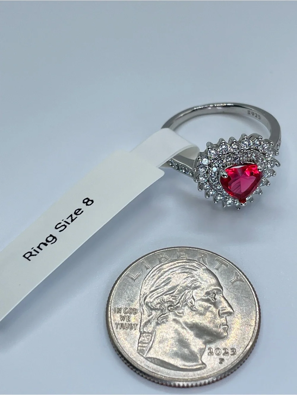 Swarovski Crystal Elements Ruby Red Heart Crystal White Halo Statement Ring Sz 8